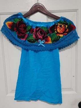 Bright Turquoise Off-Shoulder Floral Embroidered Top